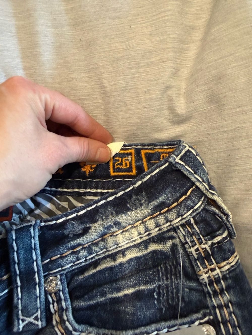 Rock Revival Navy Blue Distressed Jeans with White Stitching - Picture 4 of 5